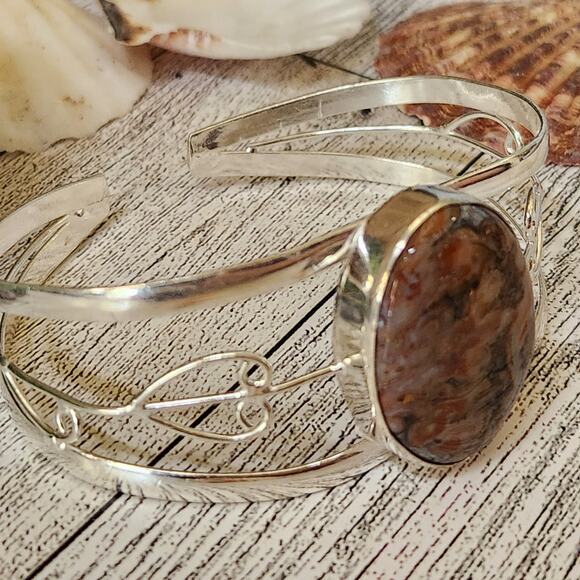 Earth's Essence Brown Jasper Silver Cuff Bracelet - Natural Elegance - Picture 8 of 10